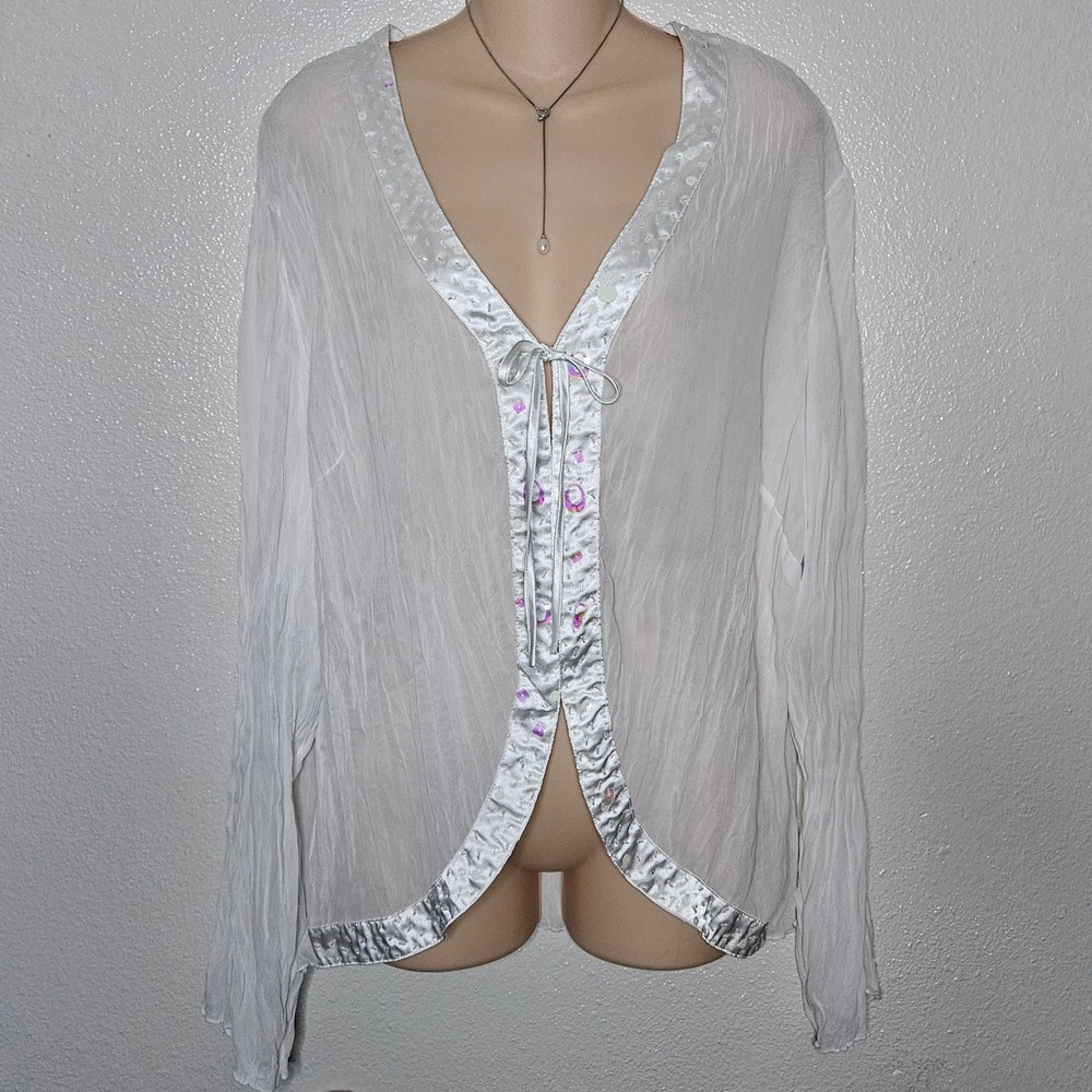Kaelyn Max II White Sheer Crinkle Gauze Sequin Satin Trim Tie Front Cardigan